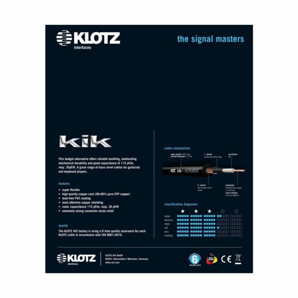 Klotz KIKKG6.0PPSW Instrumentenkabel, gold-plated, straight-straight, 6 Meter