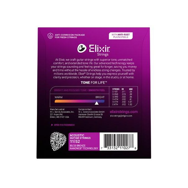 ELIXIR Saitensatz für Westerngitarre, Custom Light, 80/20 Bronze NANOWEB®, 011-052