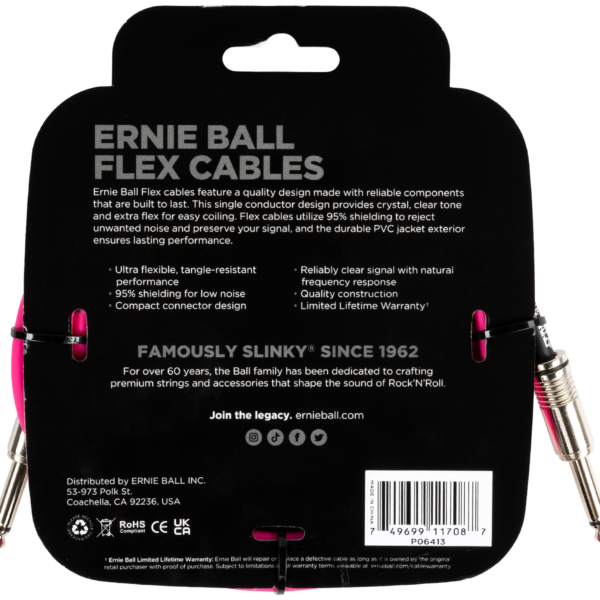 ERNIE BALL EB6413 Instrumentenkabel, Flex, gerade/gerade, pink, 3,05m