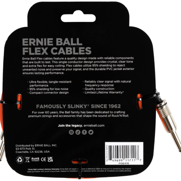 ERNIE BALL EB6416 Instrumentenkabel, Flex, gerade/gerade, orange, 3,05m