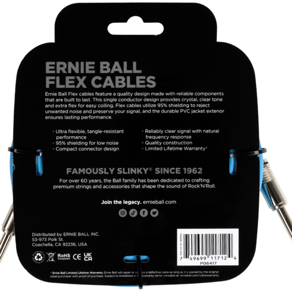 ERNIE BALL EB6417 Instrumentenkabel, Flex, gerade/gerade, blau, 6,10m