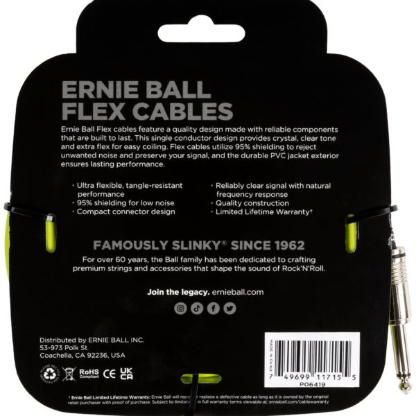 ERNIE BALL EB6419 Instrumentenkabel, Flex, gerade/gerade, grün, 6,10m