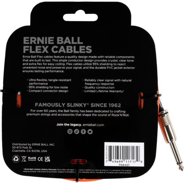 ERNIE BALL EB6421 Instrumentenkabel, Flex, gerade/gerade, orange, 6,10m